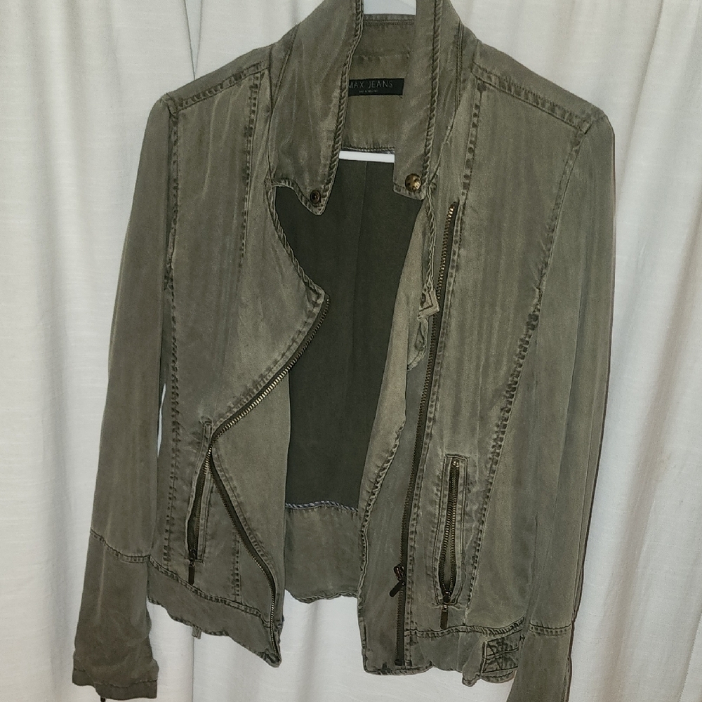 Max Jeans Green Utility Jacket Lightweight Asymmetrical